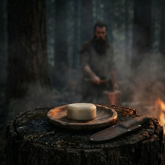 Man doing fire wood and beard wash bar resting on tree stamp