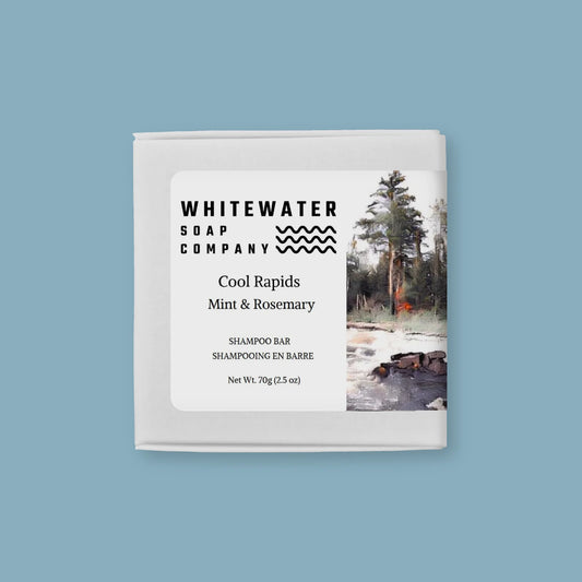 Whitewater Soap Company shampoo bar packaging on a light blue background