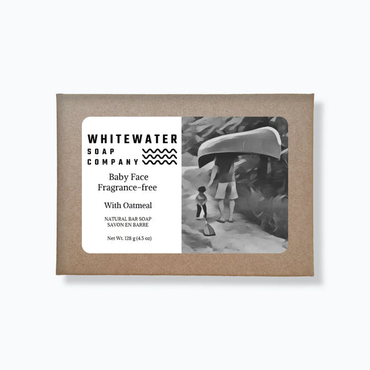 Whitewater Soap Company baby face fragrance-free soap bar packaging on a white background