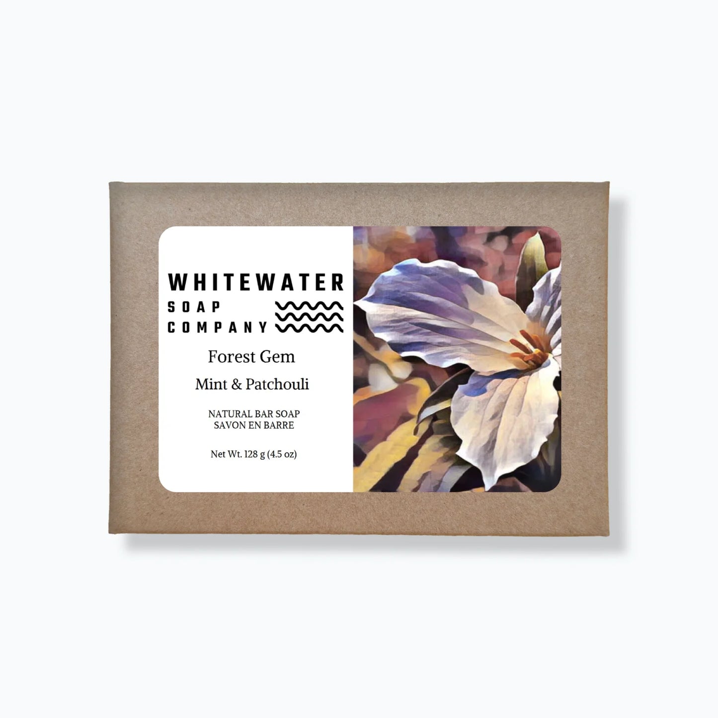 Whitewater Soap Company bar soap in a cardboard box with floral design