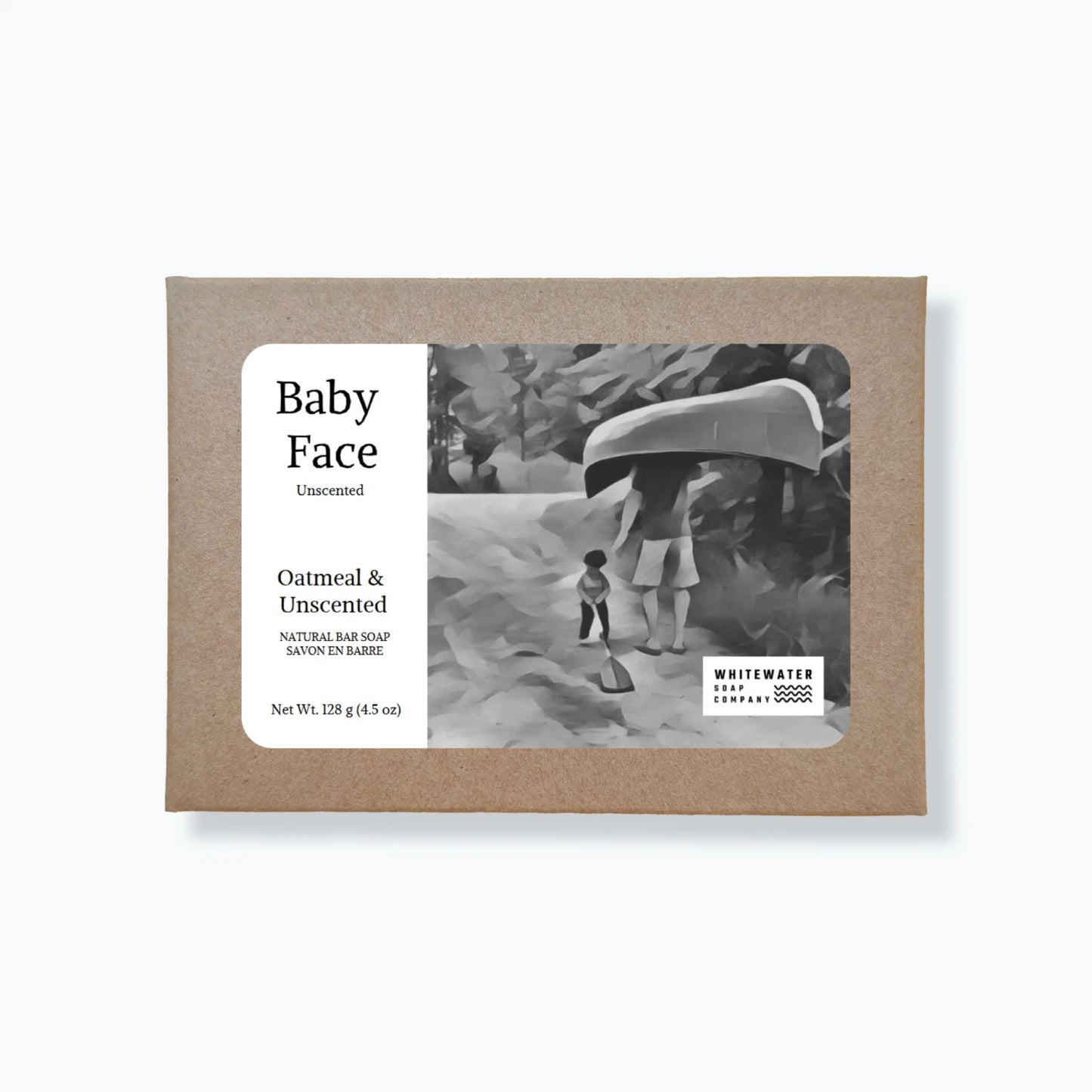 Box of Whitewater Soap Company soap bars with a black and white photo of a child and adult.