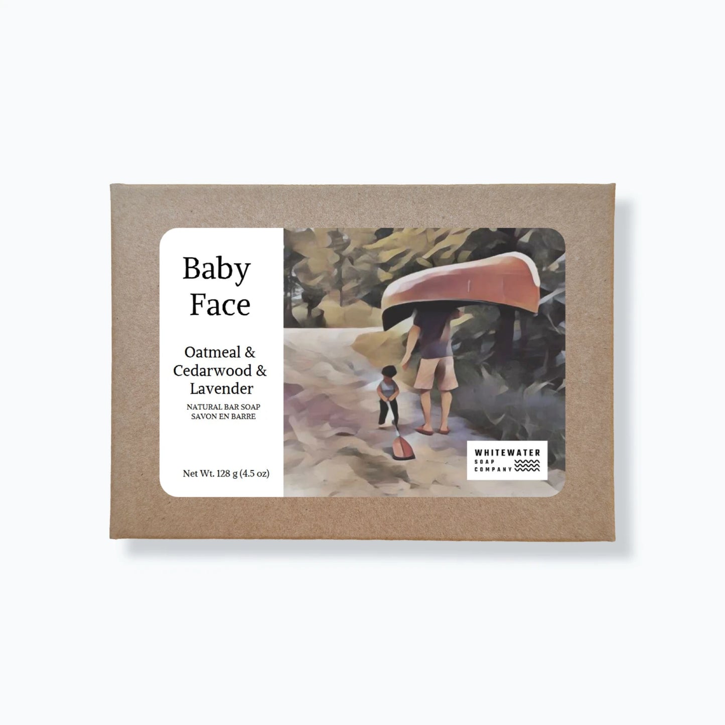 Product packaging for 'Baby Face' soap with a scenic illustration on a white background
