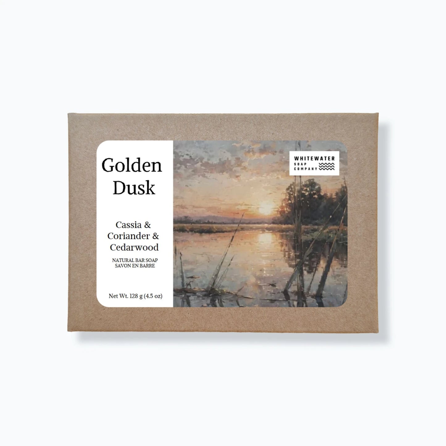 Packaging of Golden Dusk soap with sunset design and brand name.