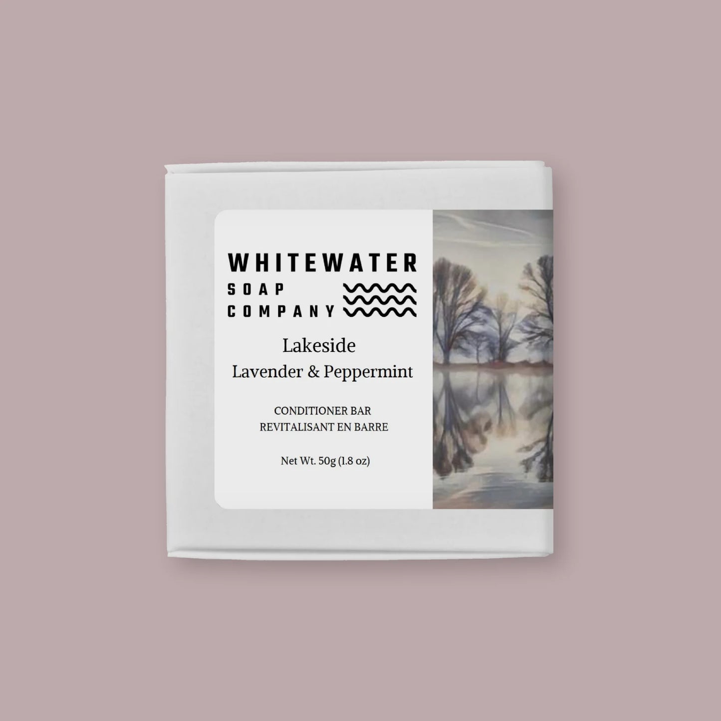 Whitewater Soap Company conditioner bar packaging on a pink background