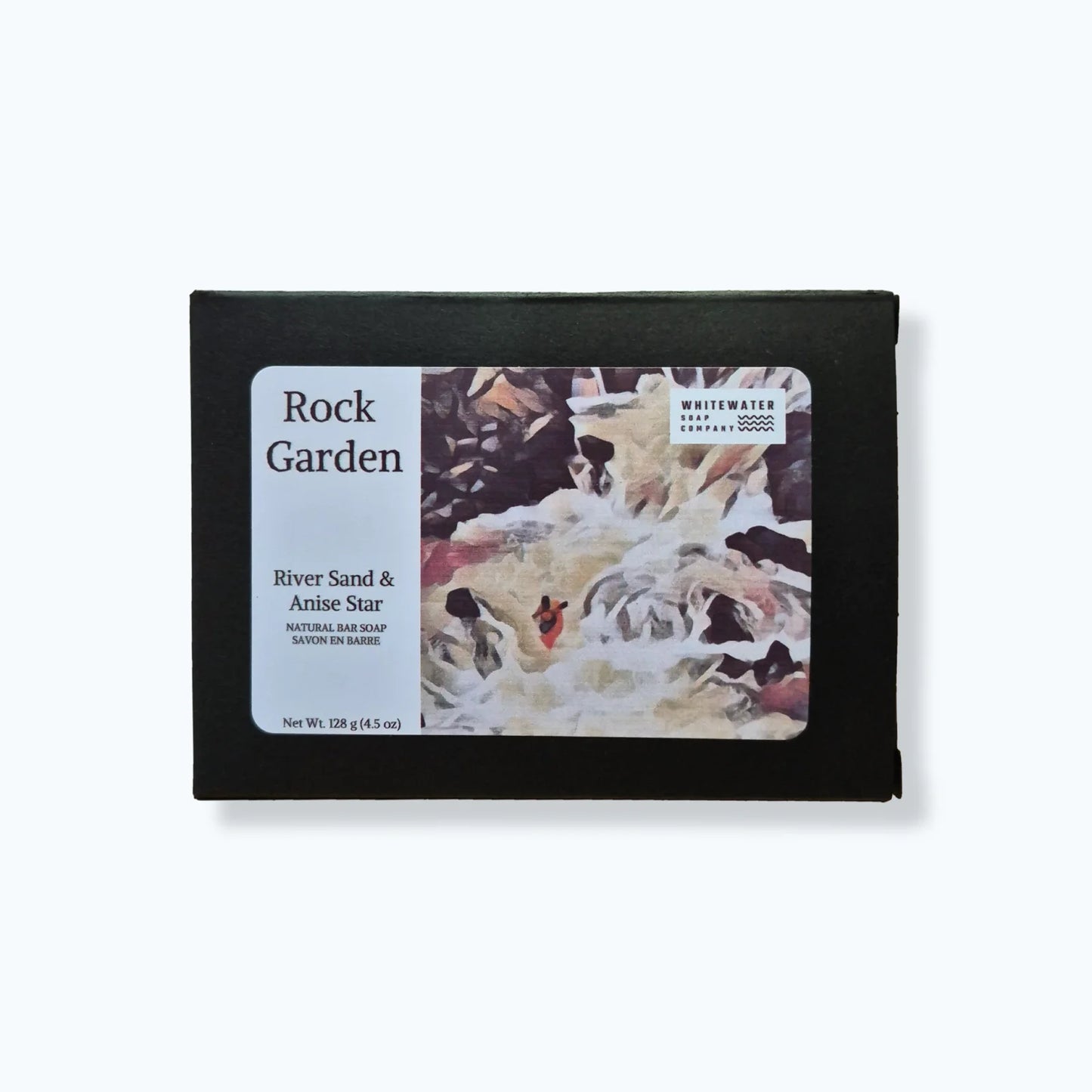 Bar of Whitewater soap company soap in a black box with a scenic label on a white background