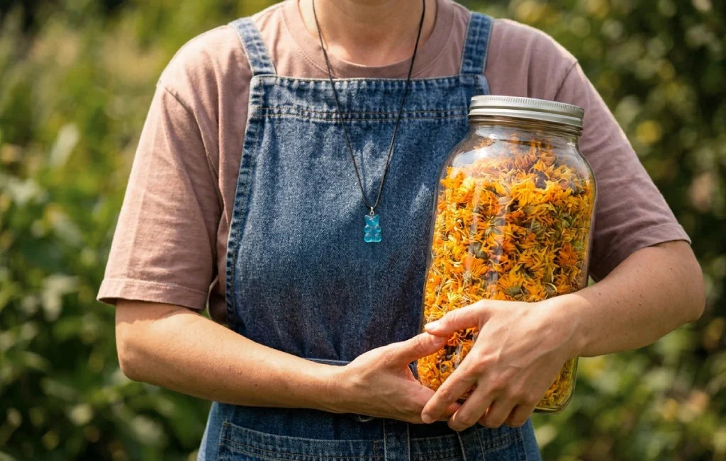Bright orange calendula flowers growing in a Whitewater Region garden for use in handmade botanical soap