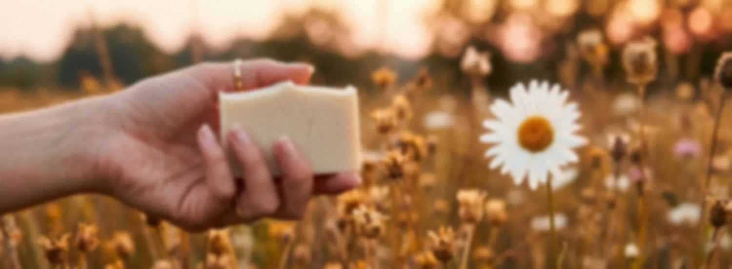 woman hand hold baby soap bar on wild flowers field background