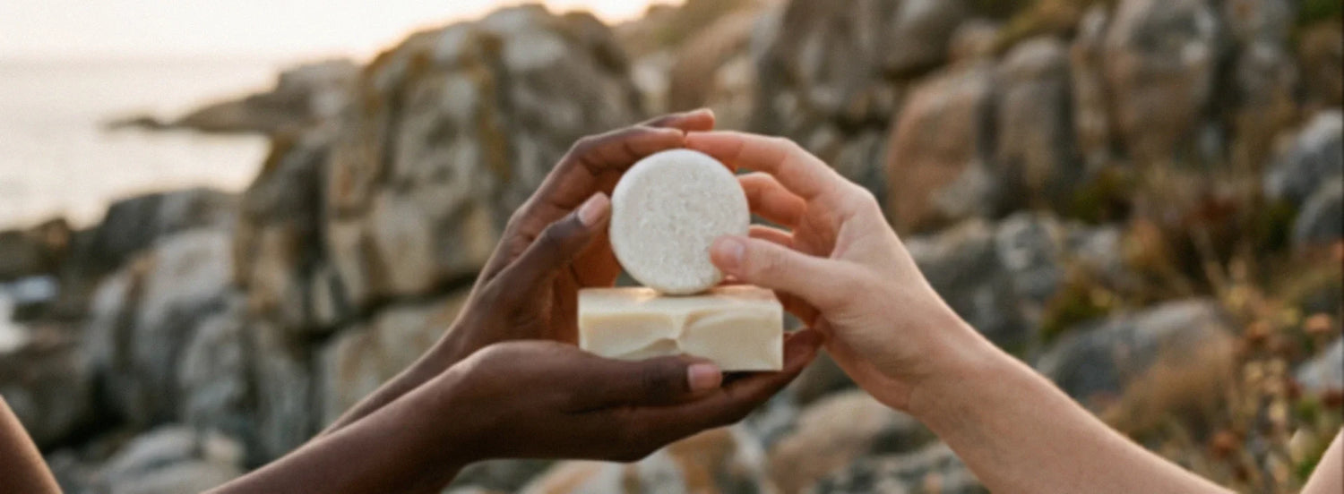 Hands hold fragrance free soap and shampoo bars