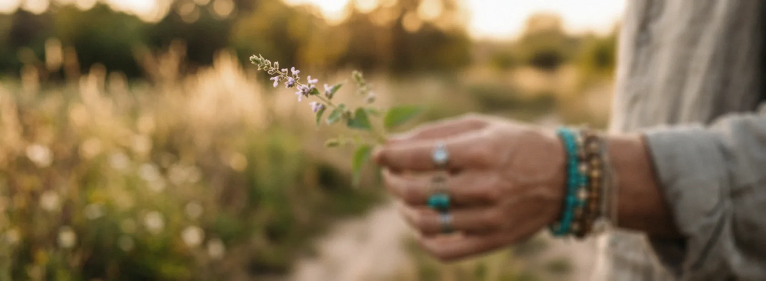 hippie woman hand holds patchouli twig