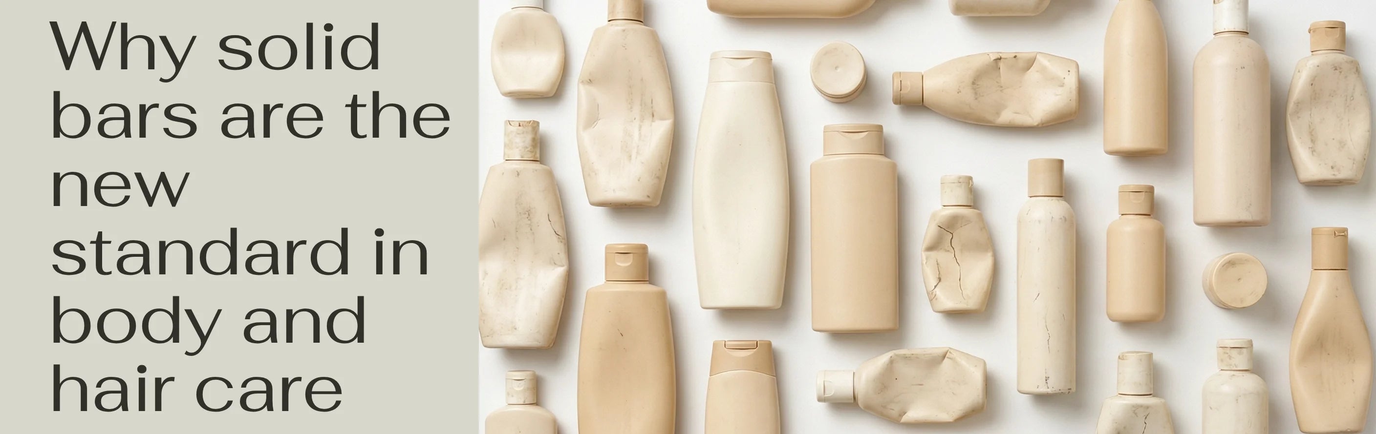 Collection of various beige bottles on a white background with text about solid bars in body and hair care.