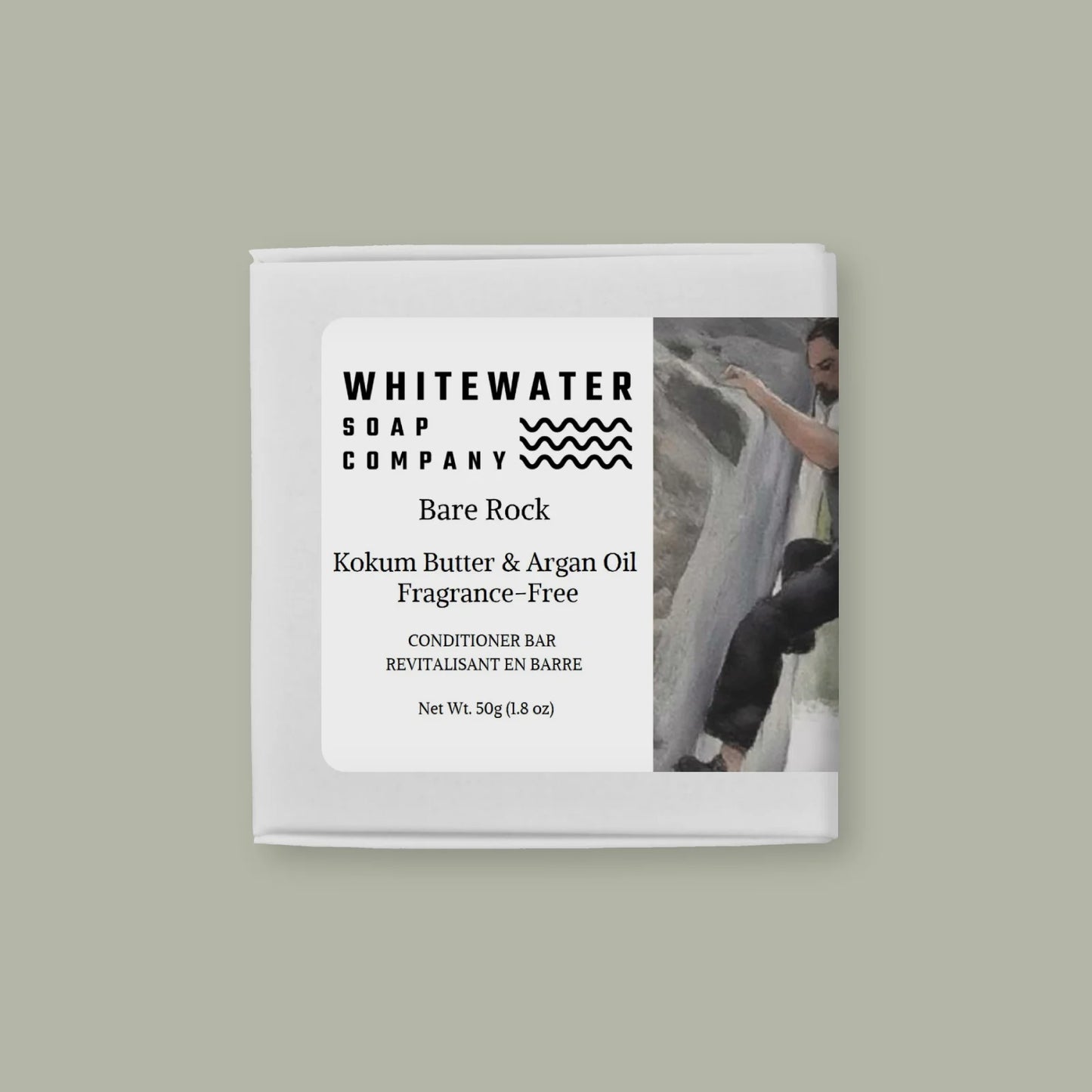 Whitewater Soap Company conditioner bar packaging on a light gray background