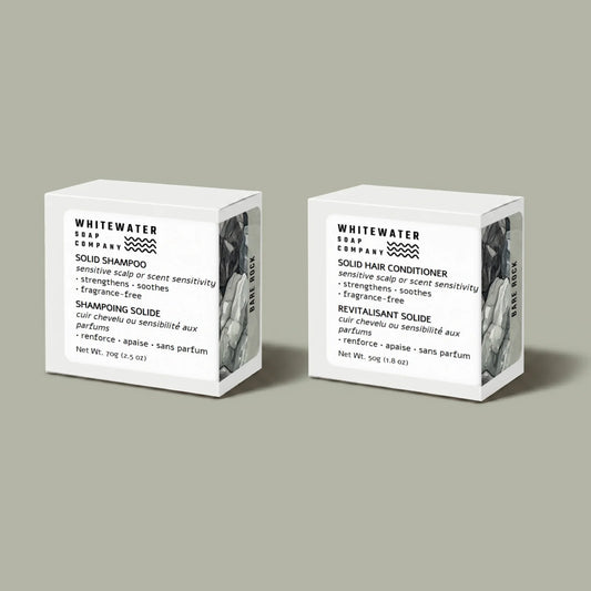 Bare Rock Solid Shampoo & Conditioner Bar Set Fragrance-Free for Sensitive Scalp Whitewater Soap Box