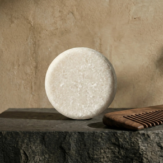 Round beard wash on a stone surface with a wooden comb in the background