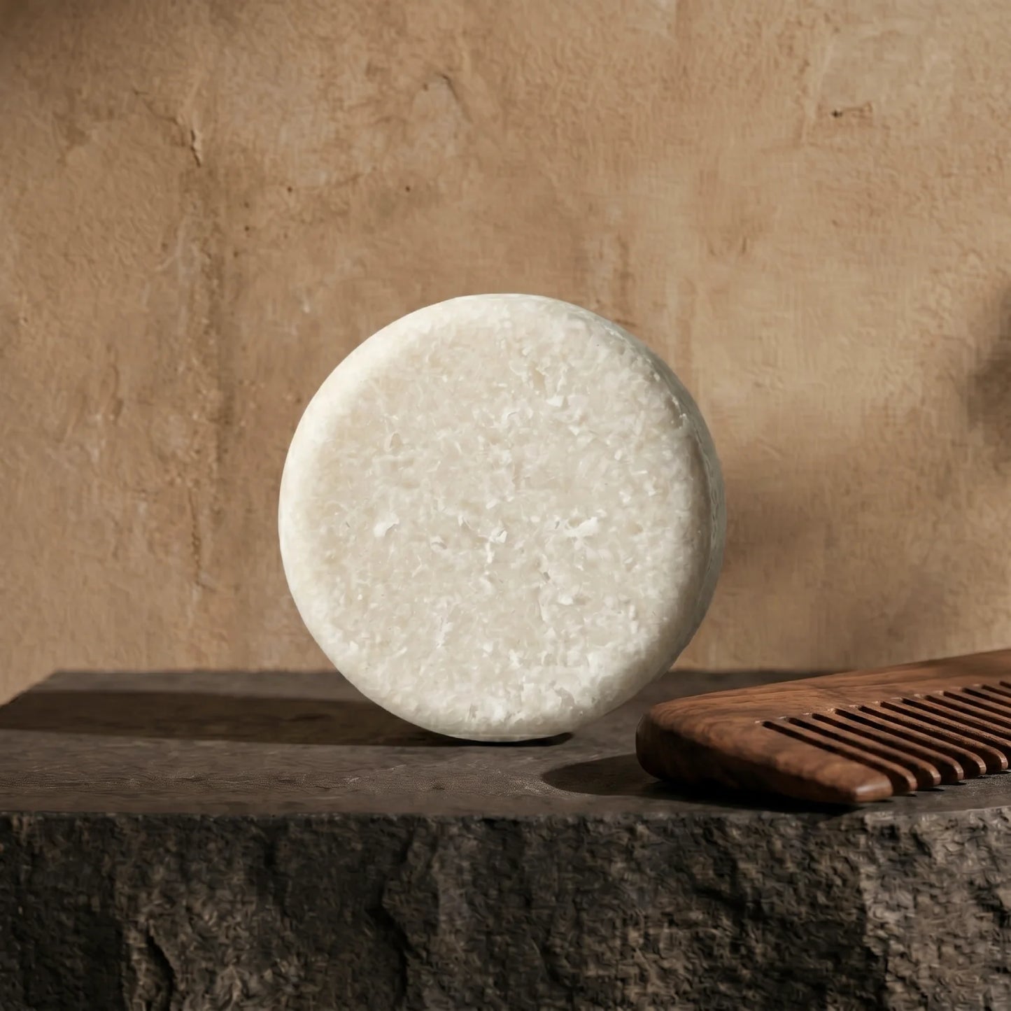 Round beard wash on a stone surface with a wooden comb against a beige wall.