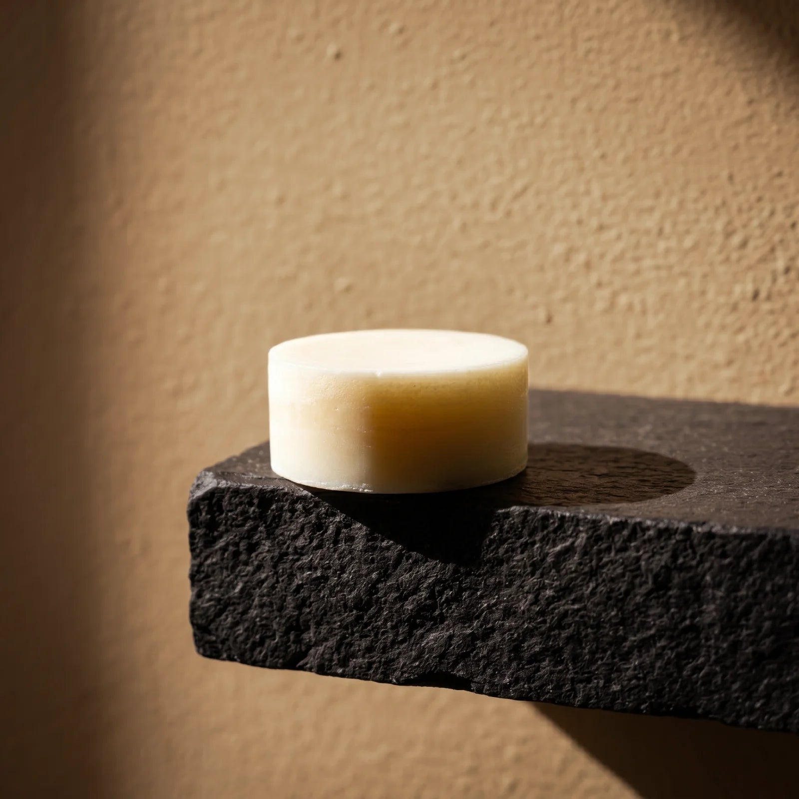 White conditioner bar on a dark stone surface with a beige wall background
