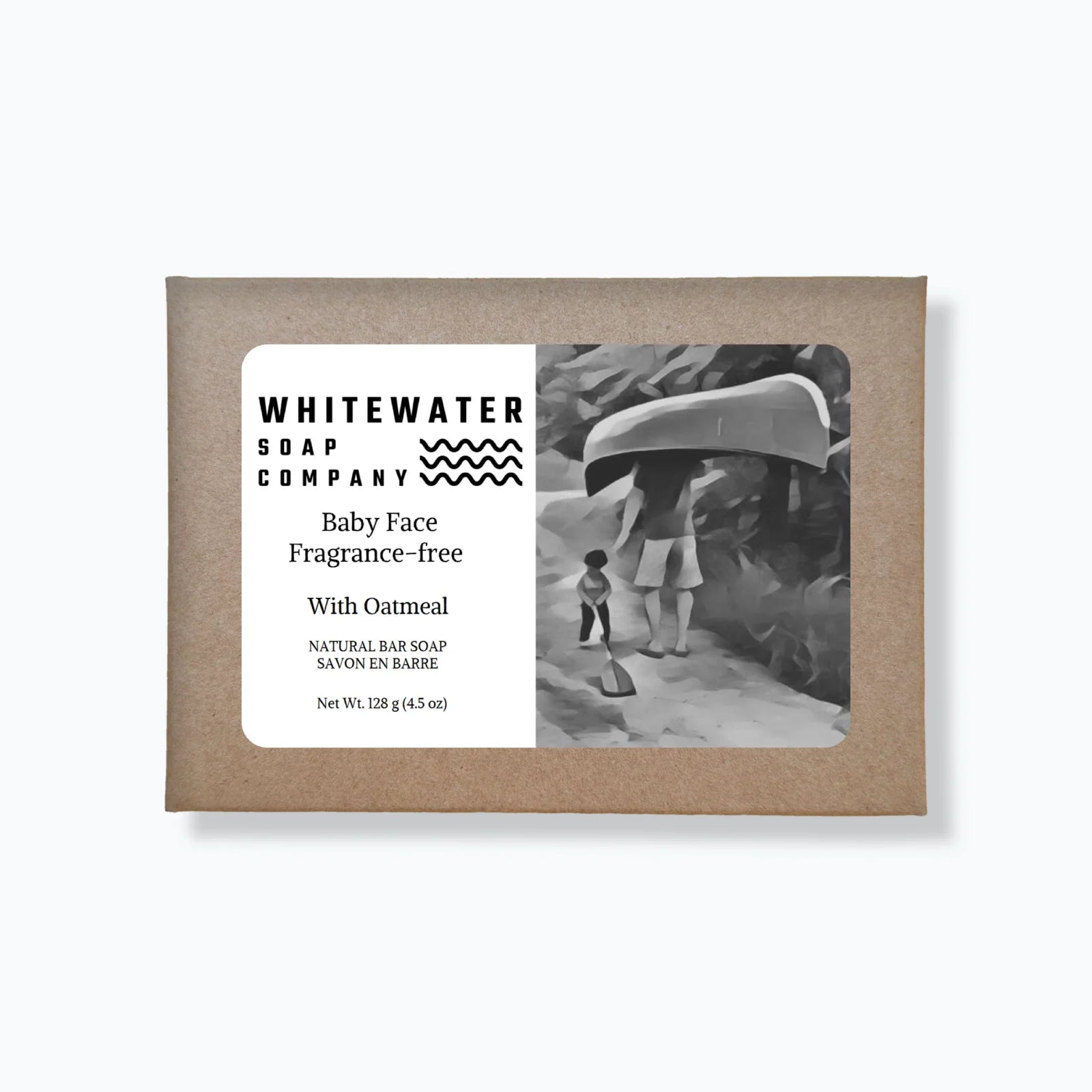 Whitewater Soap Company baby face fragrance-free soap bar packaging on a white background