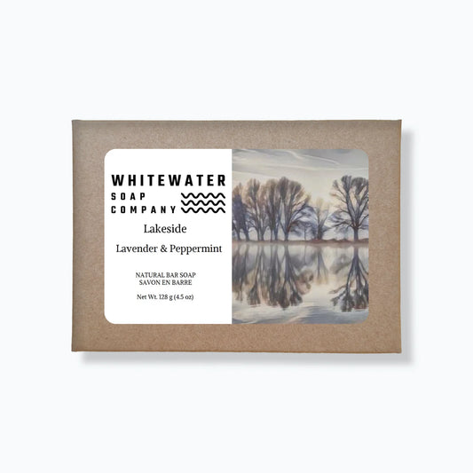 Whitewater Soap Company soap bar packaging with a scenic design on a white background