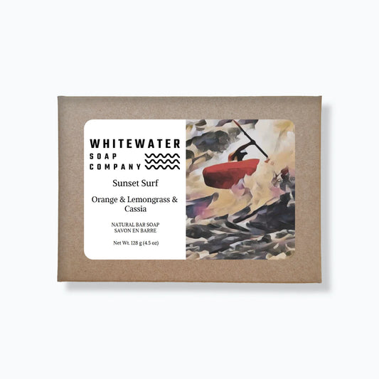 Whitewater Soap Company soap bar with artistic label on a white background