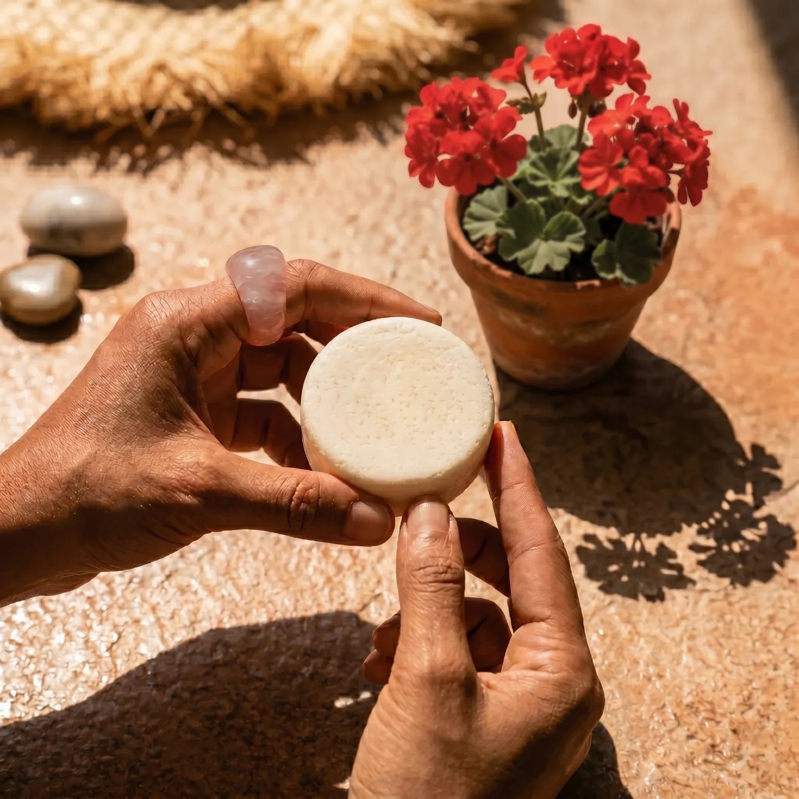 Person holding a bar of conditioner bar with a potted plant in the background