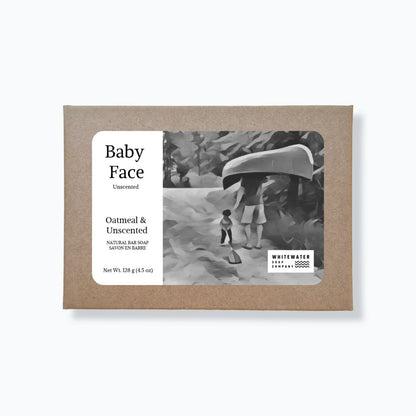 Box of Whitewater Soap Company soap bars with a black and white photo of a child and adult.