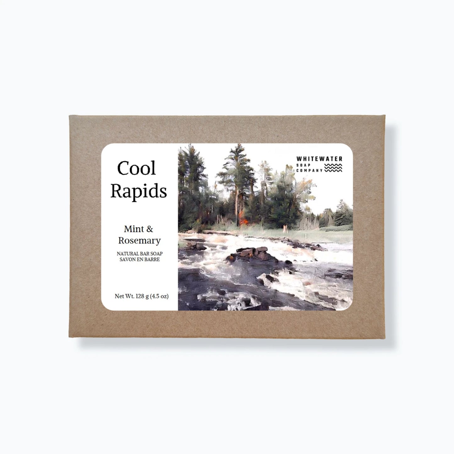 Whitewater Soap Company soap bar packaging with a scenic label