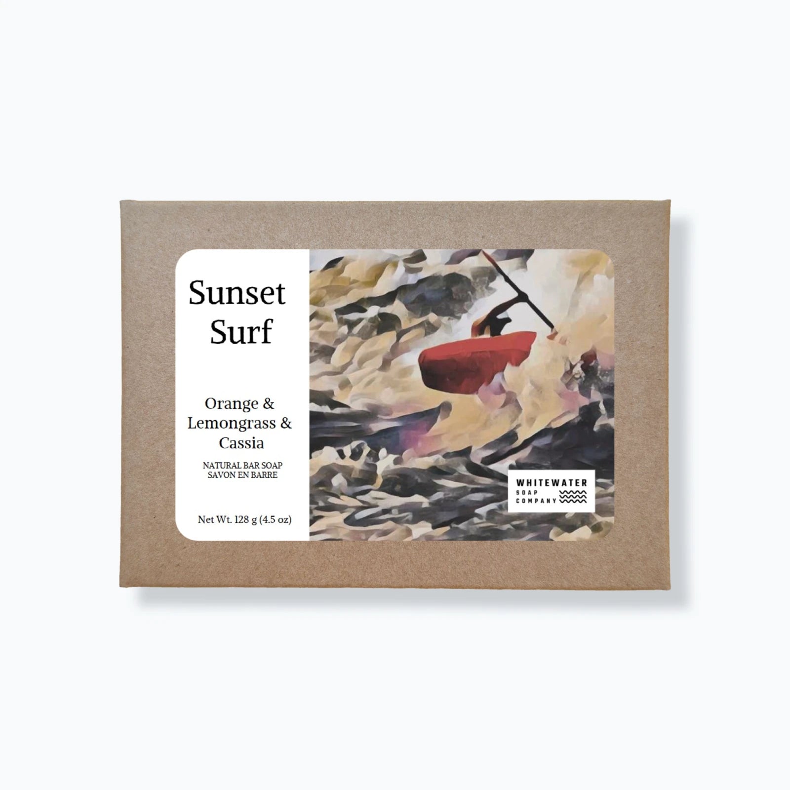Bar of soap packaging with 'Sunset Surf' branding on a white background