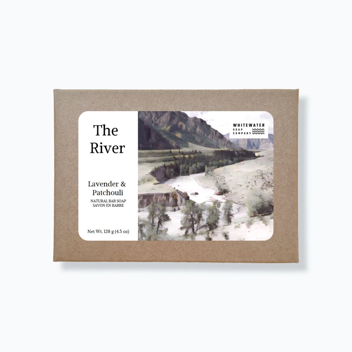 Box of 'The River' lavender and patchouli soap with a scenic label on a white background