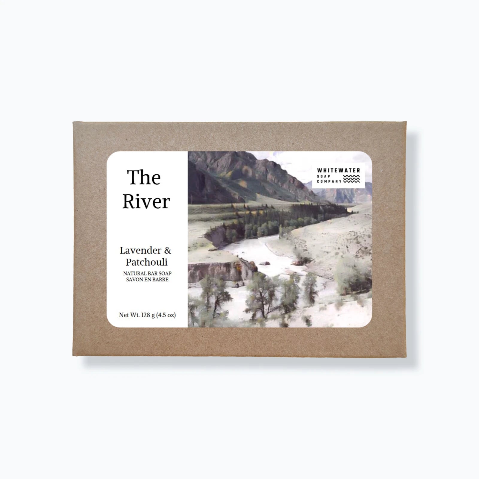 Box of 'The River' lavender and patchouli soap with a scenic label on a white background