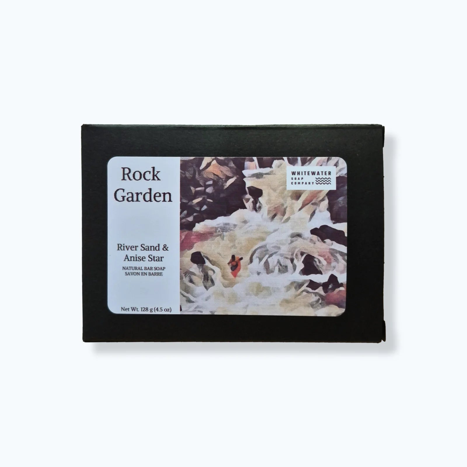 Bar of Whitewater soap company soap in a black box with a scenic label on a white background