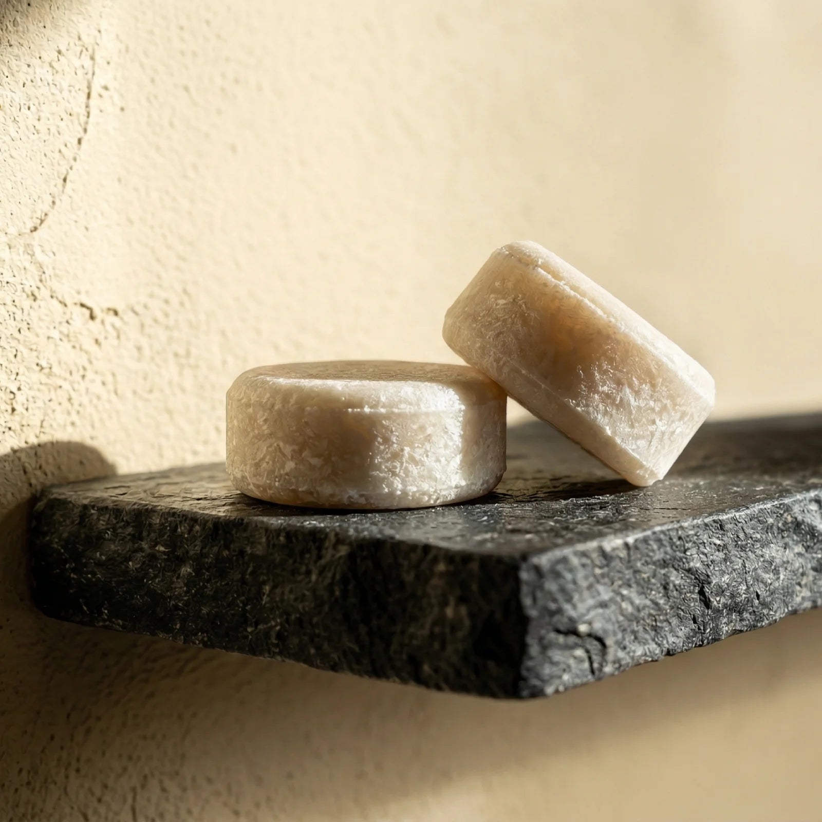 Two beige shampoo bars stacked on a dark stone surface with a neutral background