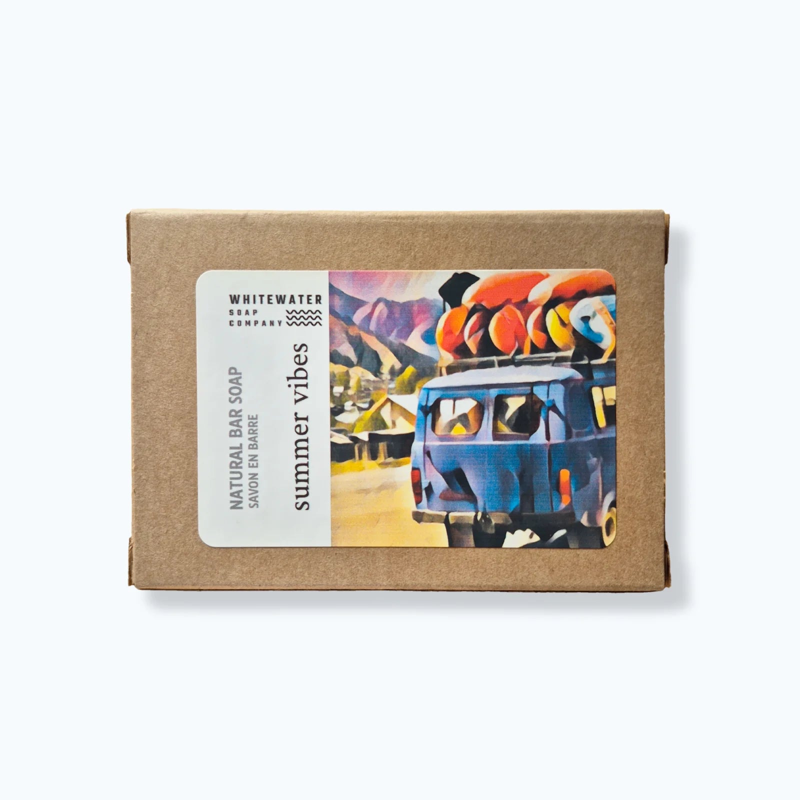 Box of Whitewater Soap Company soap with a colorful van illustration on a white background