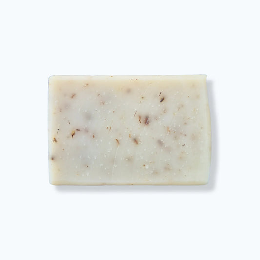 Bar of soap with lavender buds on a white background