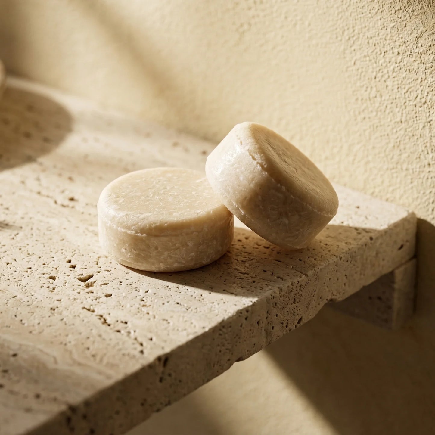 Two beard wash bars on a stone surface with a warm, soft light.