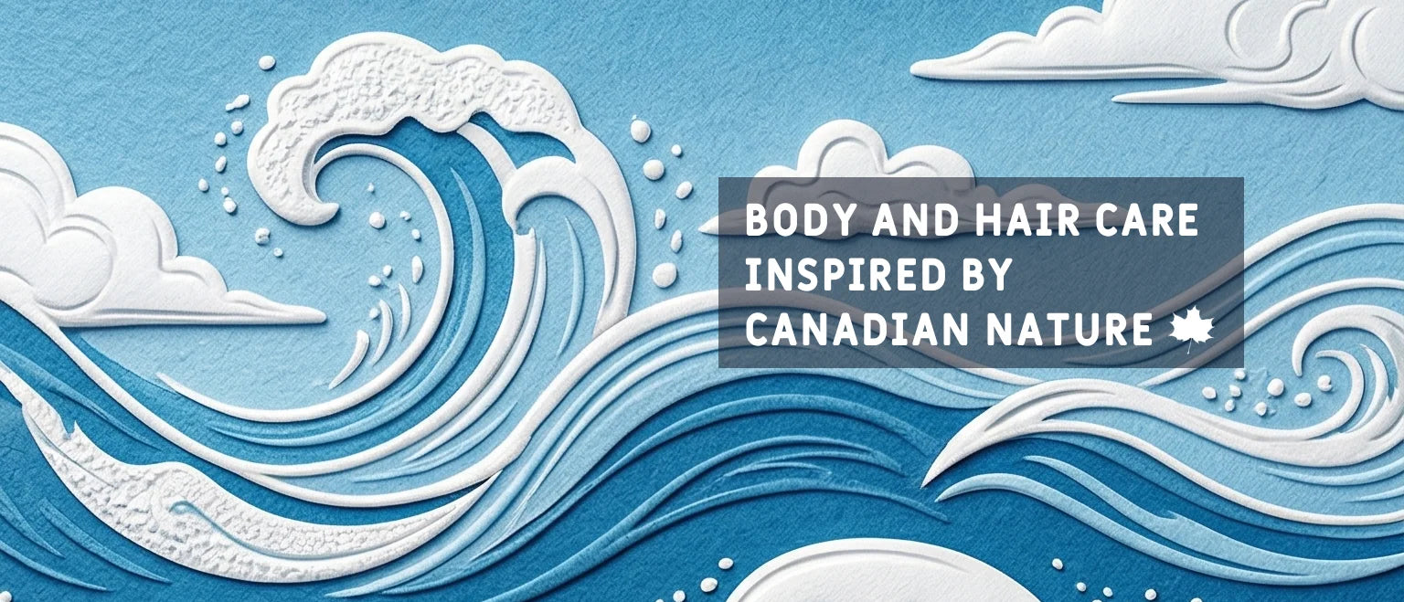 Design with stylized waves and clouds on a blue background, featuring text about Canadian nature inspired body and hair care.