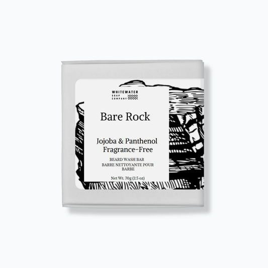 Beard wash bar packaging with 'Bare Rock' branding on a white background