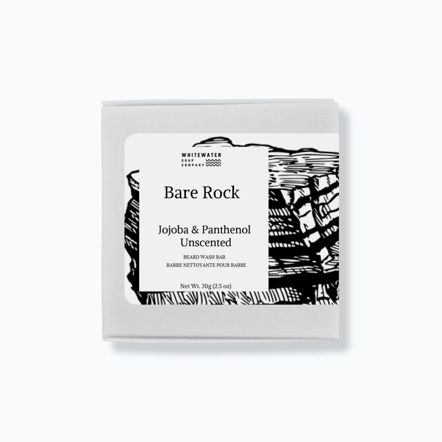 Beard wash bar in packaging with 'Bare Rock' label on a white background
