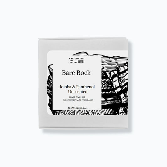 Beard wash bar in packaging with 'Bare Rock' label on a white background