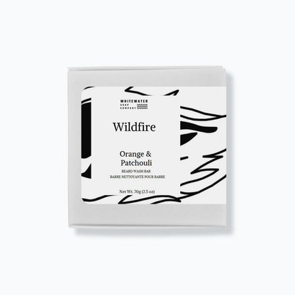 Beard wash bar packaging with 'Wildfire' and 'Orange & Patchouli' text on a white background