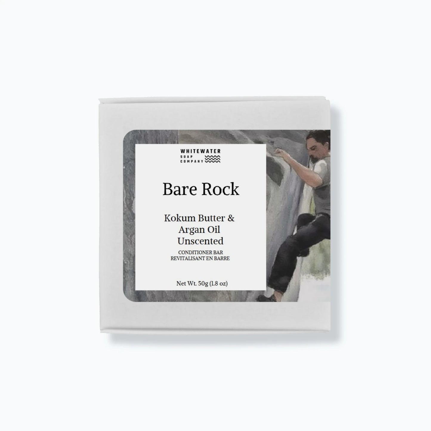 Whitewater soap solid hair conditioner packaging with nature-themed design on a white background