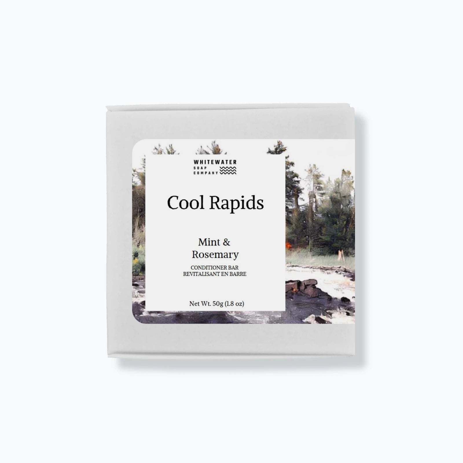 Whitewater soap solid hair conditioner packaging with nature-themed design on a white background