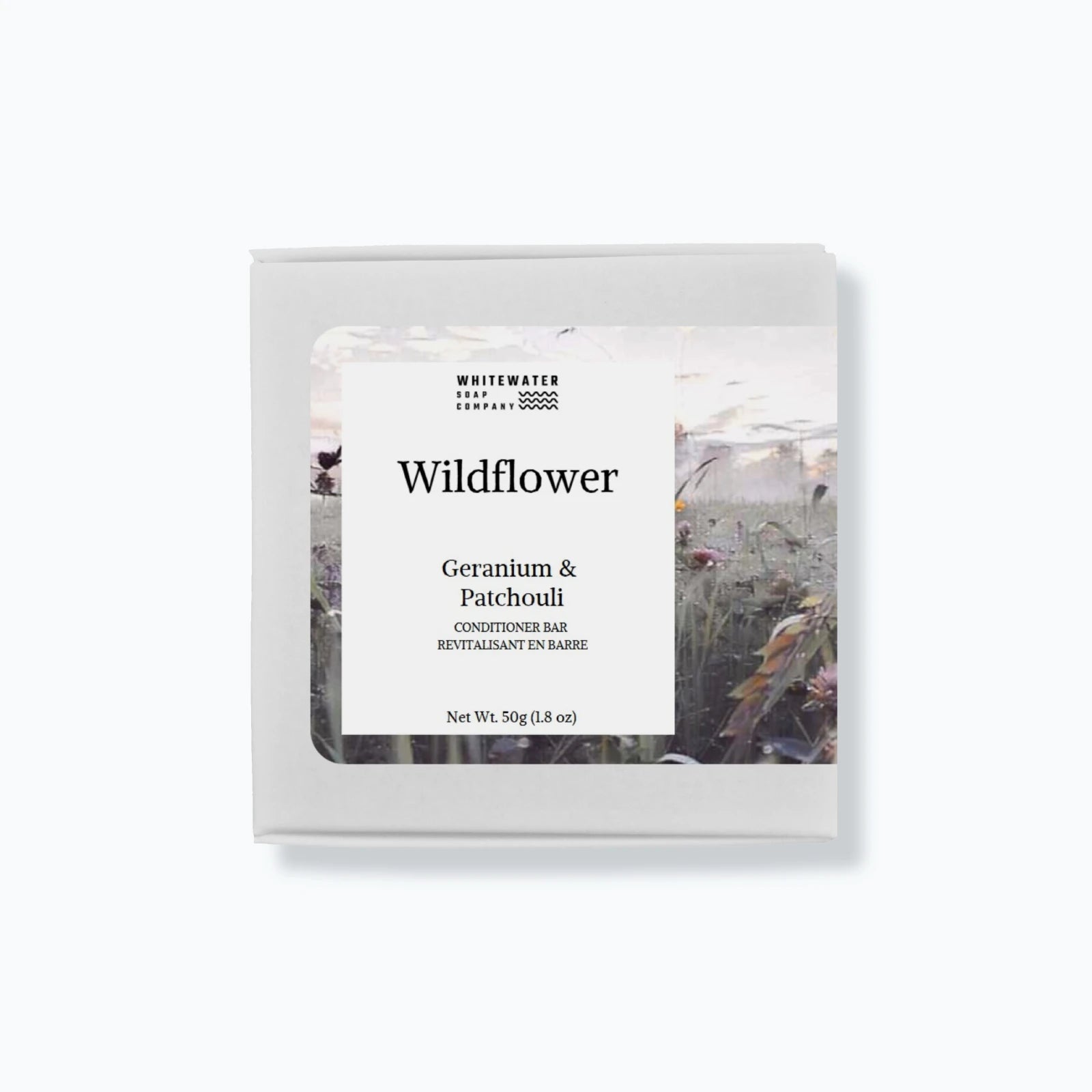 Whitewater soap solid hair conditioner packaging with nature-themed design on a white background