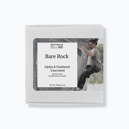 Shampoo bar packaging with 'Bare Rock' label on a white background