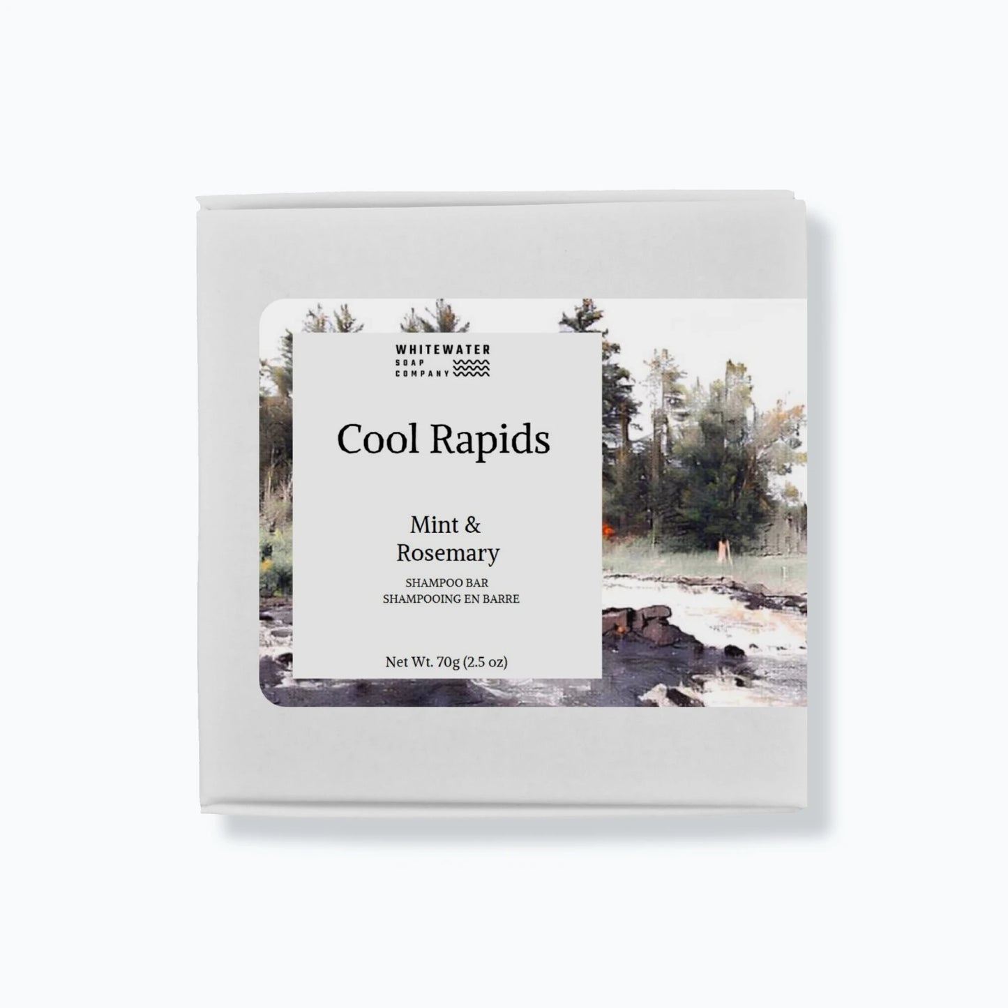 Shampoo bar packaging with 'Cool Rapids' and nature-themed design on a white background