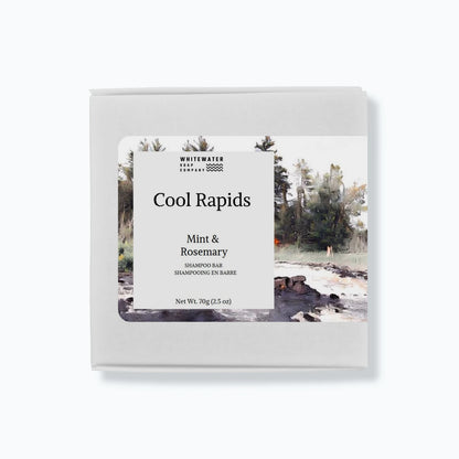 Shampoo bar packaging with 'Cool Rapids' and nature-themed design on a white background