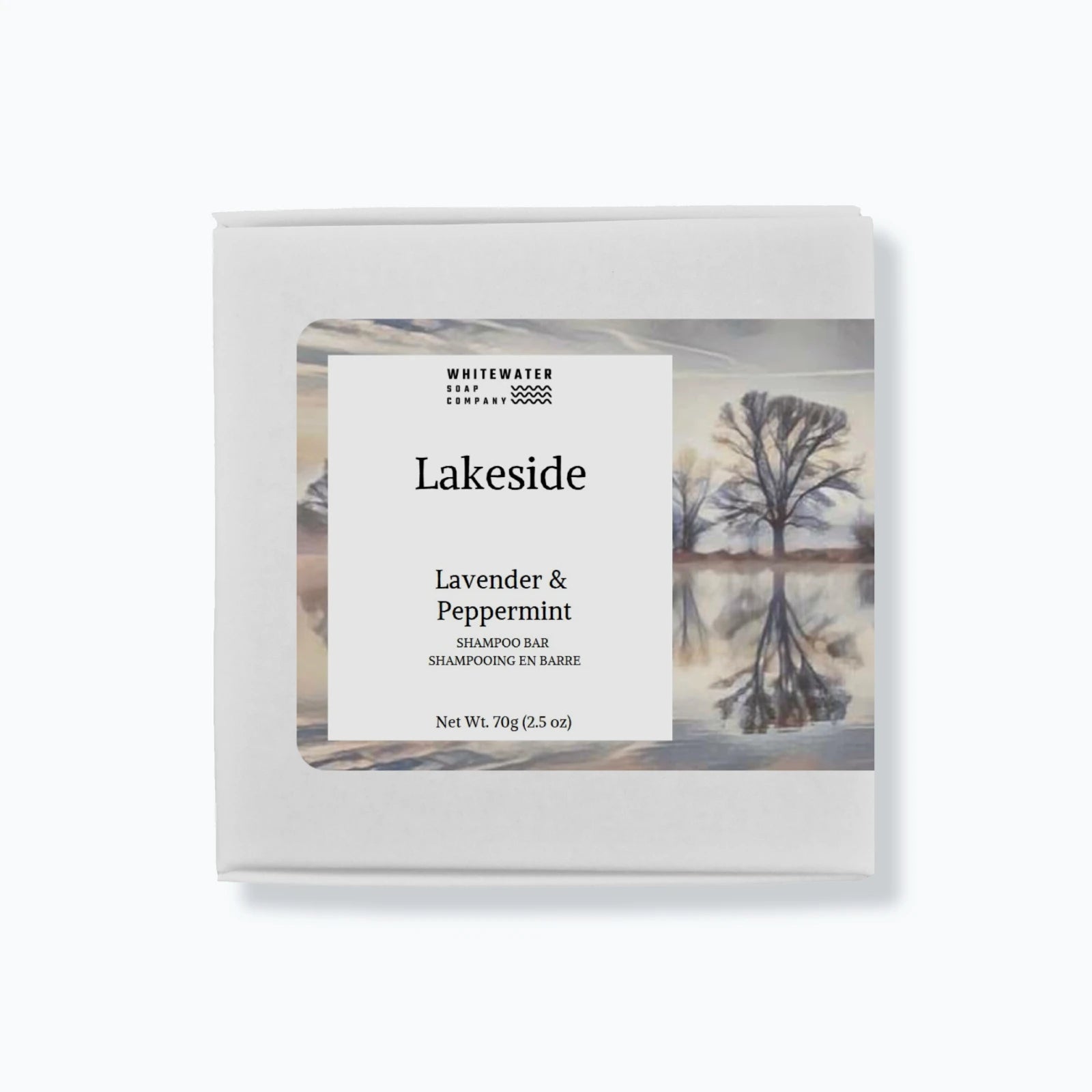 Shampoo bar packaging with 'Lakeside' and 'Lavender & Peppermint' text on a white background