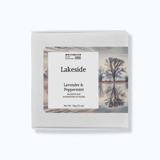 Shampoo bar packaging with 'Lakeside' and 'Lavender & Peppermint' text on a white background