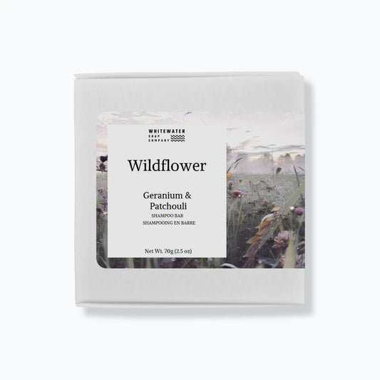 White shampoo bar packaging with 'Wildflower' and 'Whitewater Soap Company' text on a white background.