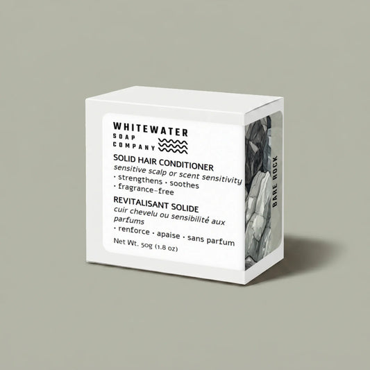 Whitewater Soap Company solid hair conditioner packaging on a light gray background