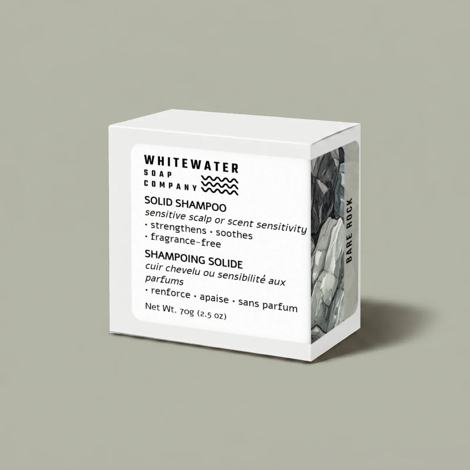Whitewater Soap Company solid shampoo packaging on a light gray background