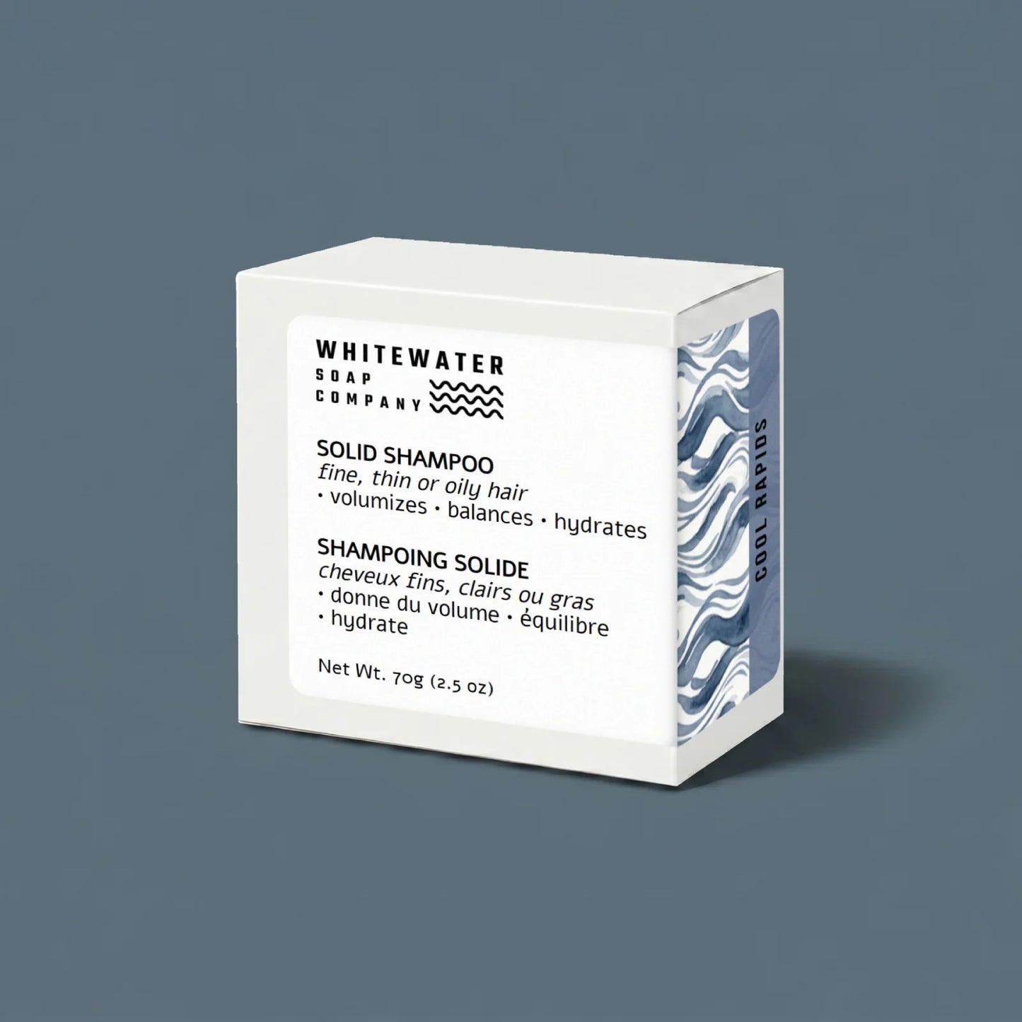 Whitewater Soap Company solid shampoo bar packaging on a gray background